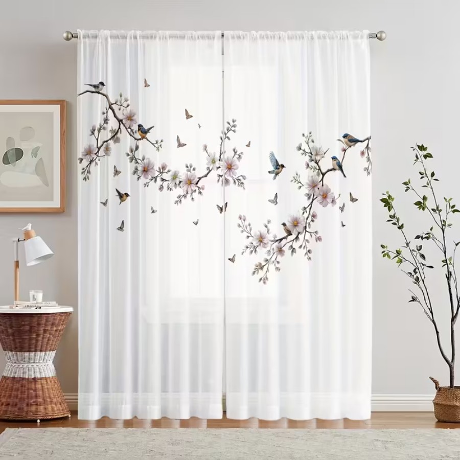 Garden Camera - ม่านโปร่งแสงพิมพ์ลายดิจิทัล 2 ชิ้น ลายดอกไม้ นก ผีเสื้อ